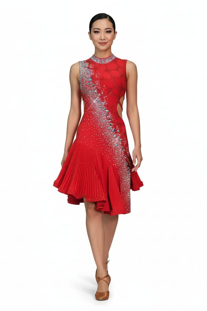 Nala Latin Dress — front view whole body — model walking in a red sleeveless Latin dress with sparkling silver and teal crystal embellishments