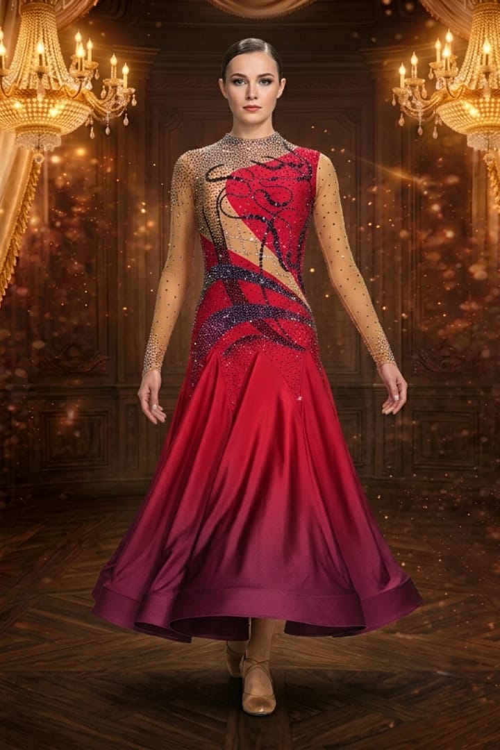 Regal Drama Ballroom Dress - front view - Elegant red ombré ballroom gown with crystal embellishments