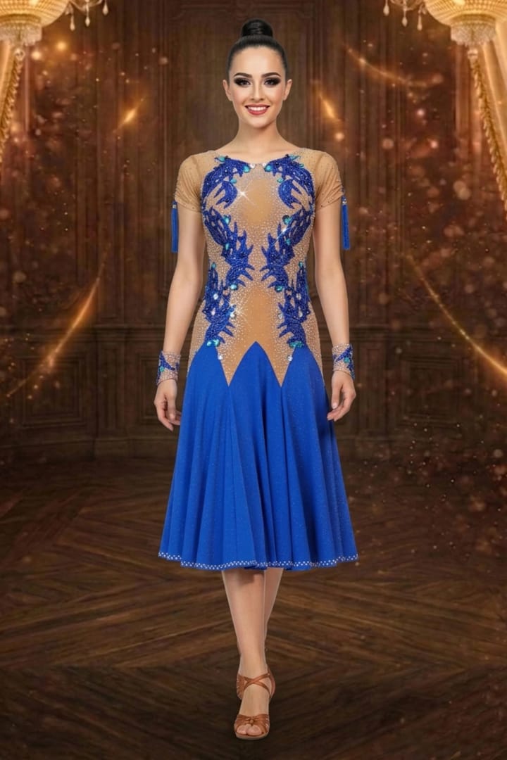 Royal Flow Latin Dress - front view - Blue and nude Latin ballroom dress with tassel accents