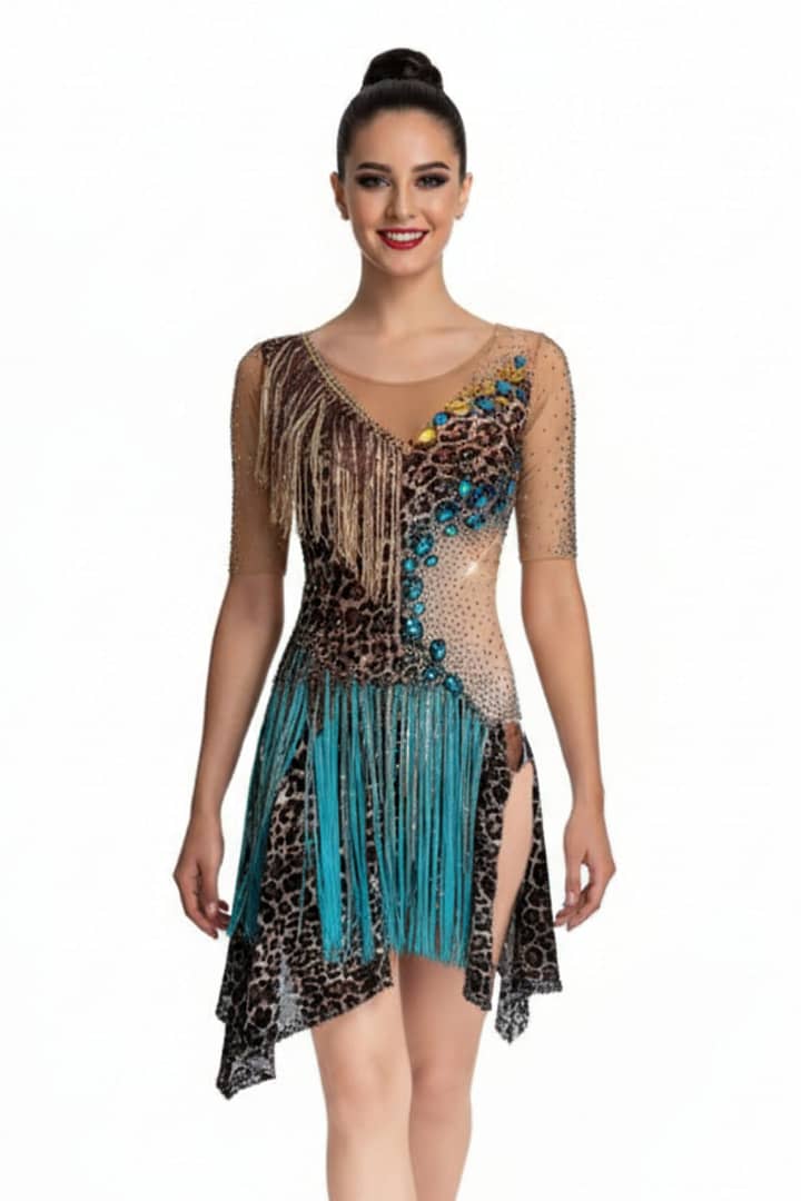 Tiger Latin Dress — front view — model in leopard print dress with turquoise fringe, gold fringe, and blue crystal detail