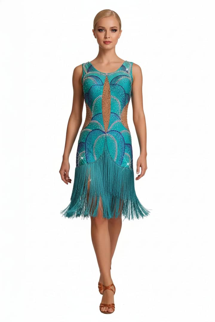Undina Latin Dress — front view wholebody — model in teal fringe dress showing the flowing crystal design and movement of the skirt