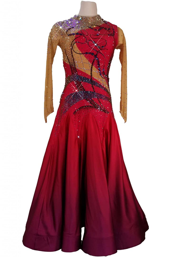 Gemma ballroom gown — front view on mannequin — red bodice with nude mesh and intricate rhinestone design