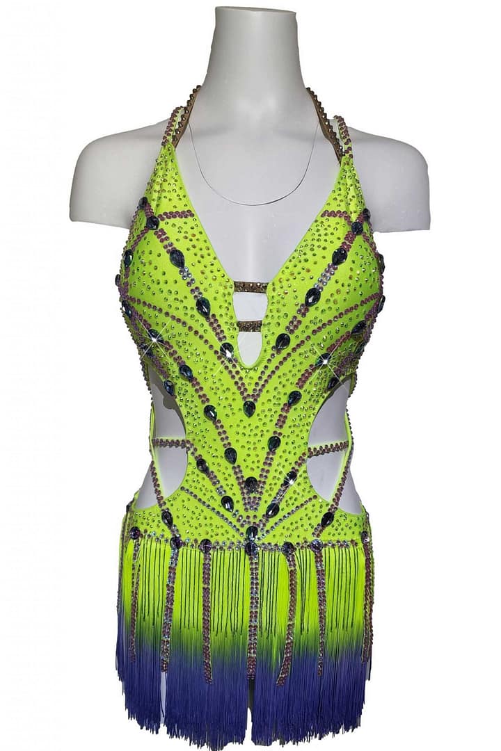 Sunshine Latin dress — on mannequin — display view showing the halter neck and full crystal coverage