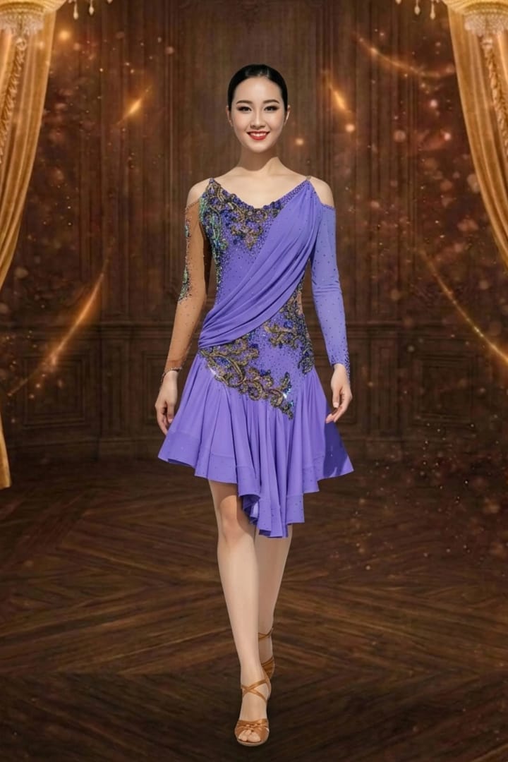 Lavender Rhythm Latin Dress — front view — model in lavender dress with cold-shoulder design, asymmetrical draping, and sparkling multi-crystal appliqué