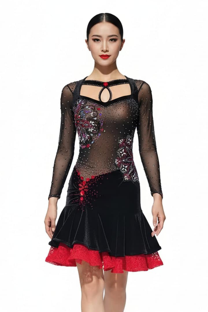 Fawn Latin Dress — front view — model in black velvet and mesh dress with red lace hem and keyhole neckline
