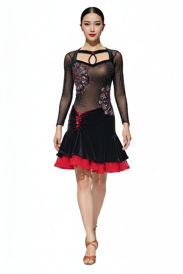 Fawn Latin Dress — front view whole body — black Latin dress with long mesh sleeves and deep red lace ruffles