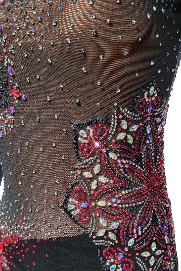 Fawn Latin Dress — stonework close-up — intricate red, black, and AB crystal floral appliqué pattern on nude-lined black mesh
