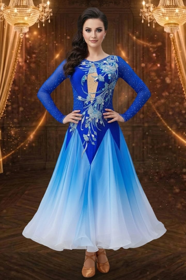 Azure Tempo ballroom gown — front view — royal blue Standard dress with an illusion deep-V neckline and detailed silver appliqué extending down the bodice.