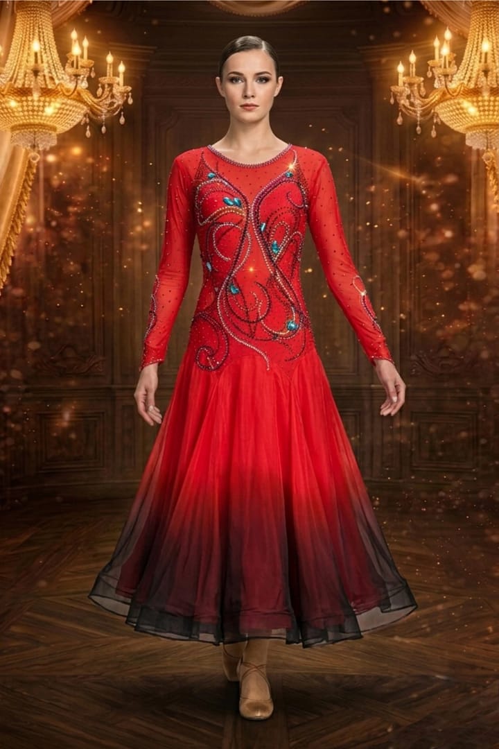 Ember Waltz ballroom gown — front view — red bodice with crystal swirls and ombré red-to-black skirt