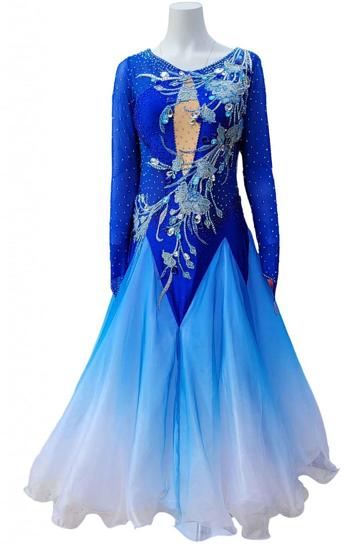 Zinnia ballroom gown — front view on mannequin — detailed crystal appliqué and sheer illusion neckline