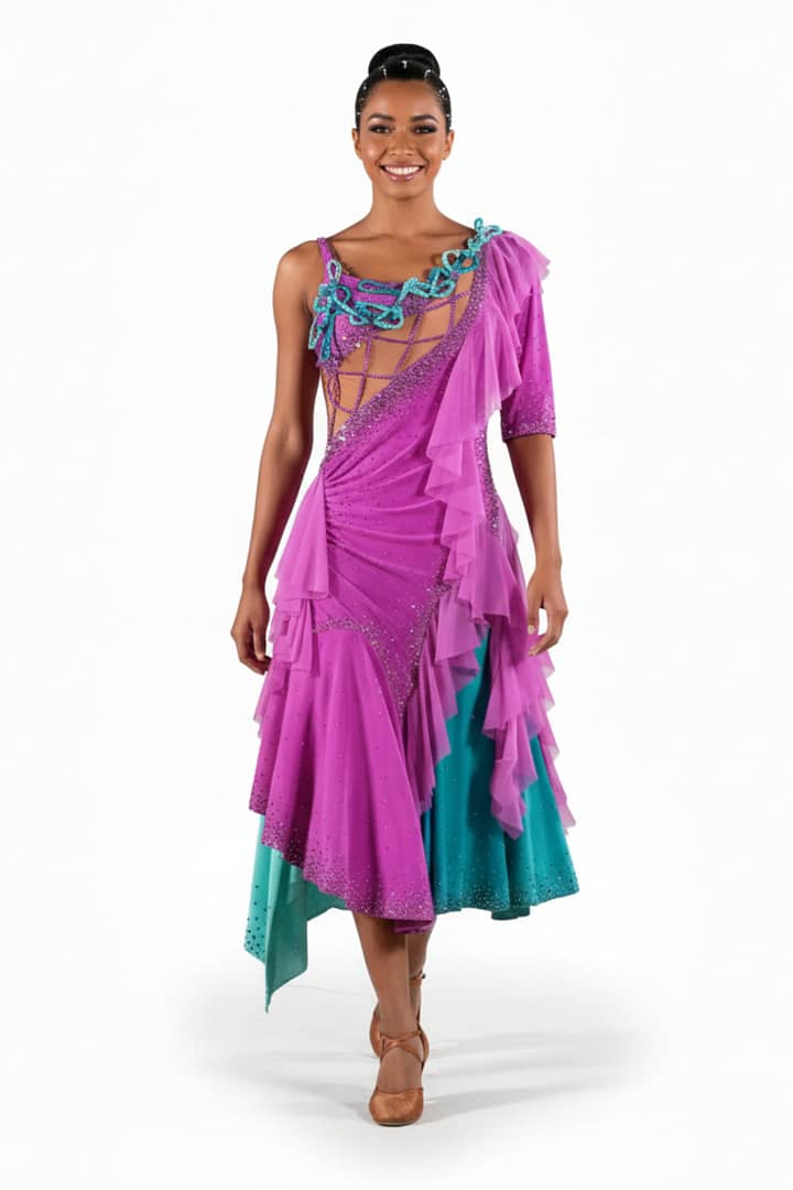 Bonel Latin Dress — front view — model in teal and lavender ruffled Latin dress with silver crystal accents