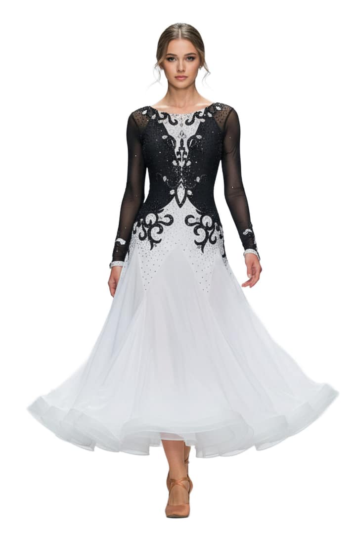 Lauren ballroom gown — front view — long sheer black sleeves, intricate crystal work on the bodice, and voluminous white skirt.
