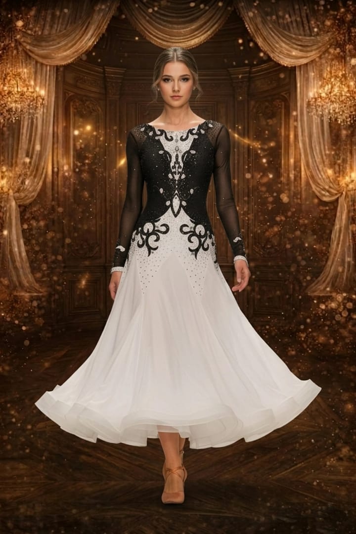 Midnight Elegance ballroom gown — front view — long sheer black sleeves, intricate crystal work on the bodice, and voluminous white skirt.