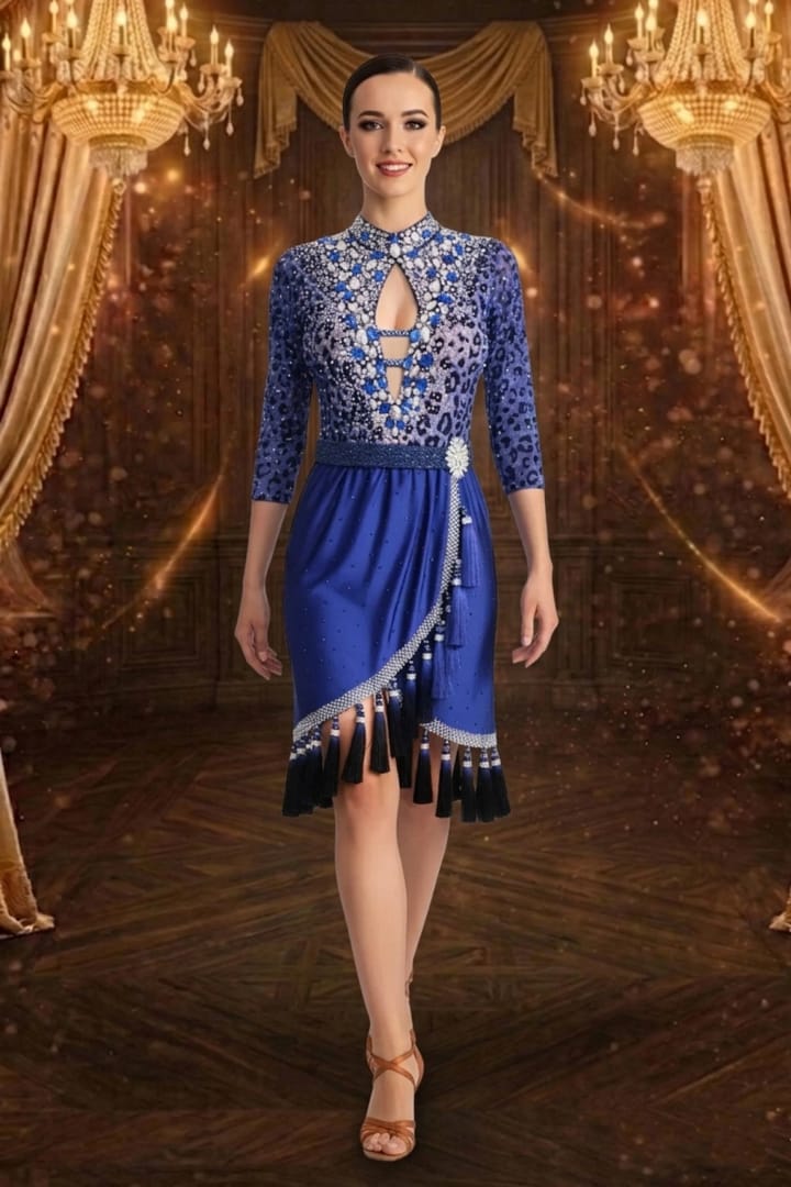 Midnight Lace Latin Dress — front view — blue satin skirt with a diagonal wrap panel, a wide, black beaded belt, and a long tassel with crystal accents.