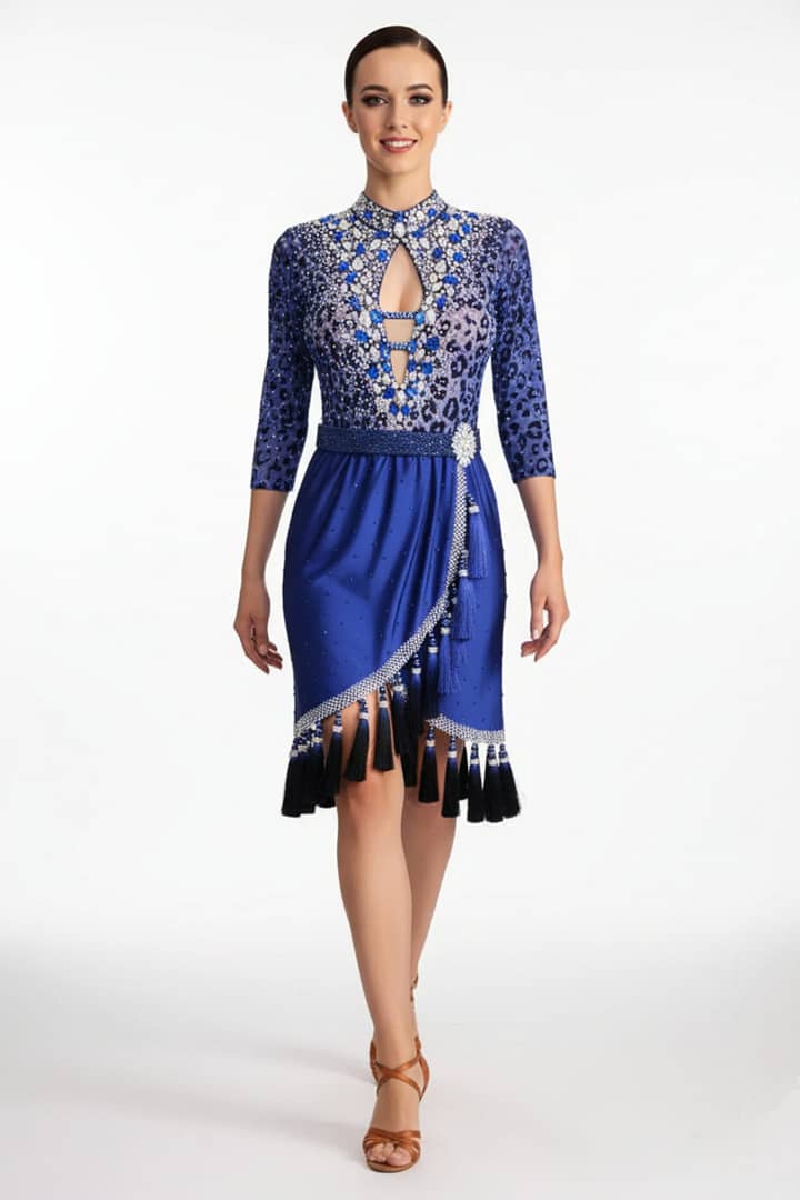 Pala Latin Dress — front view whole body — Deep blue Latin dress with a high collar, keyhole neckline, and a bodice featuring a blue leopard print over nude mesh, heavily accented with white and blue crystals.