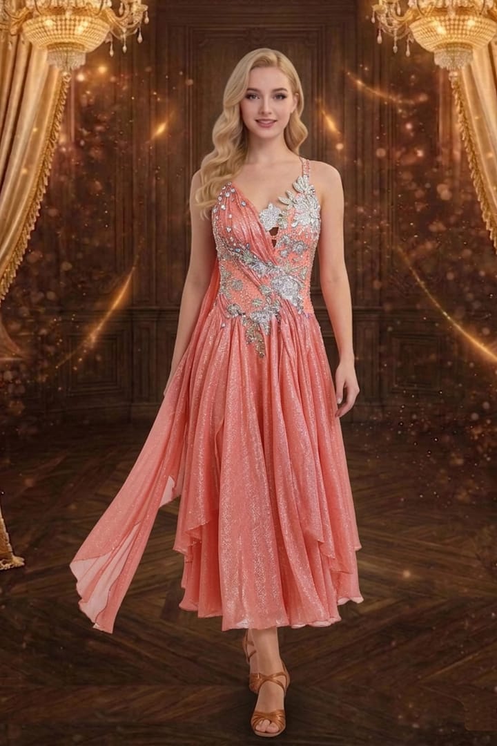 Rose Veil Ballroom Dress — front view — coral ballroom gown with floral applique and crystal embellishment