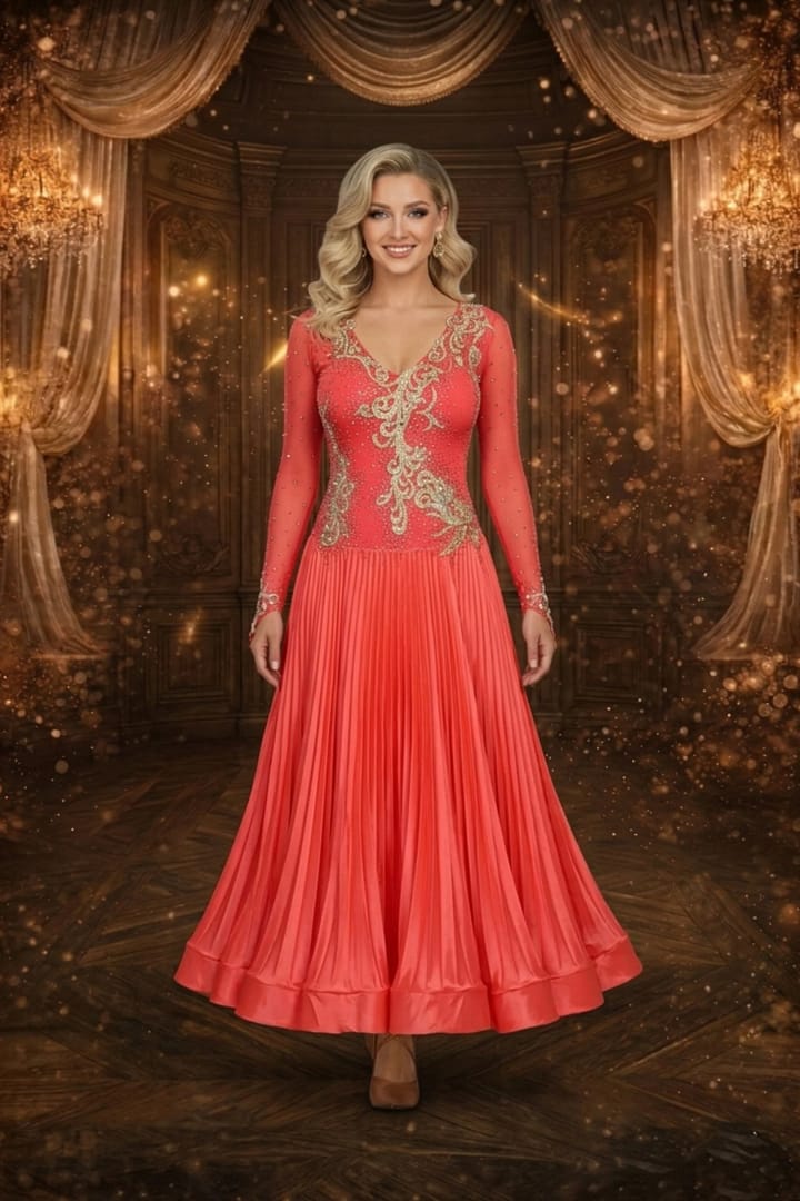Ruby Majesty ballroom gown — front view — vibrant red bodice with gold appliqué and crystal embellishment