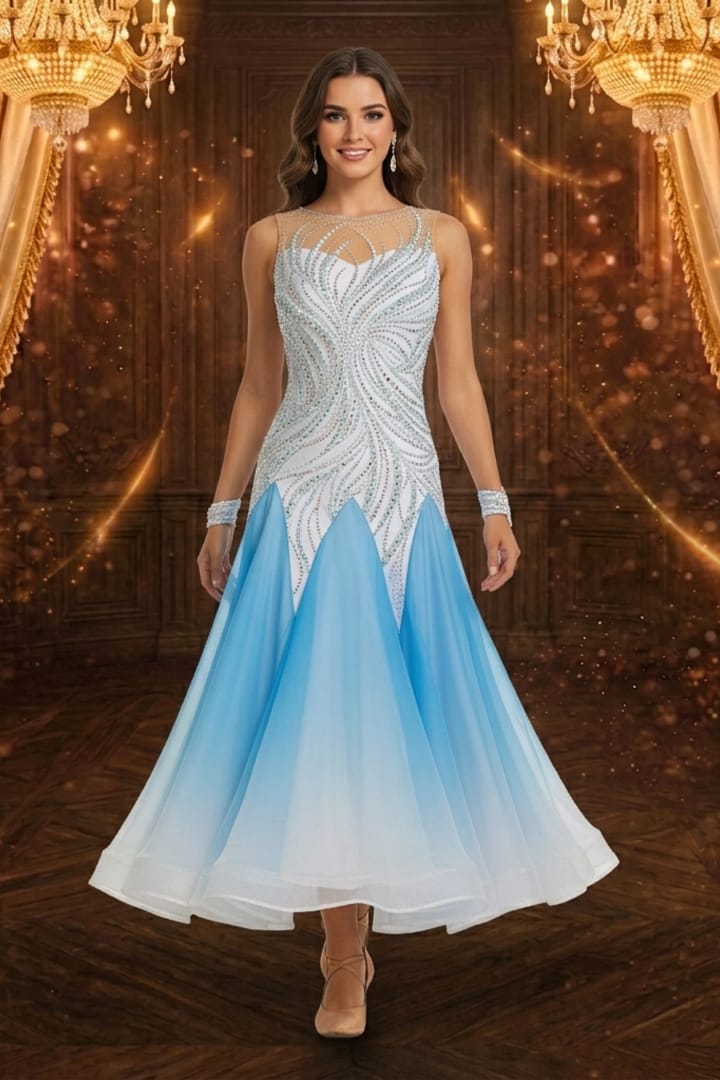 Silver Drift Ballroom dress - front view - White bodice with swirling pearls and rhinestones. Blue ombre chiffon skirt.