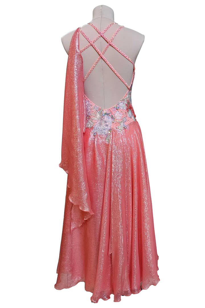 Ziva Ballroom Dress — back view — strappy back design with draped scarf and crystal accents