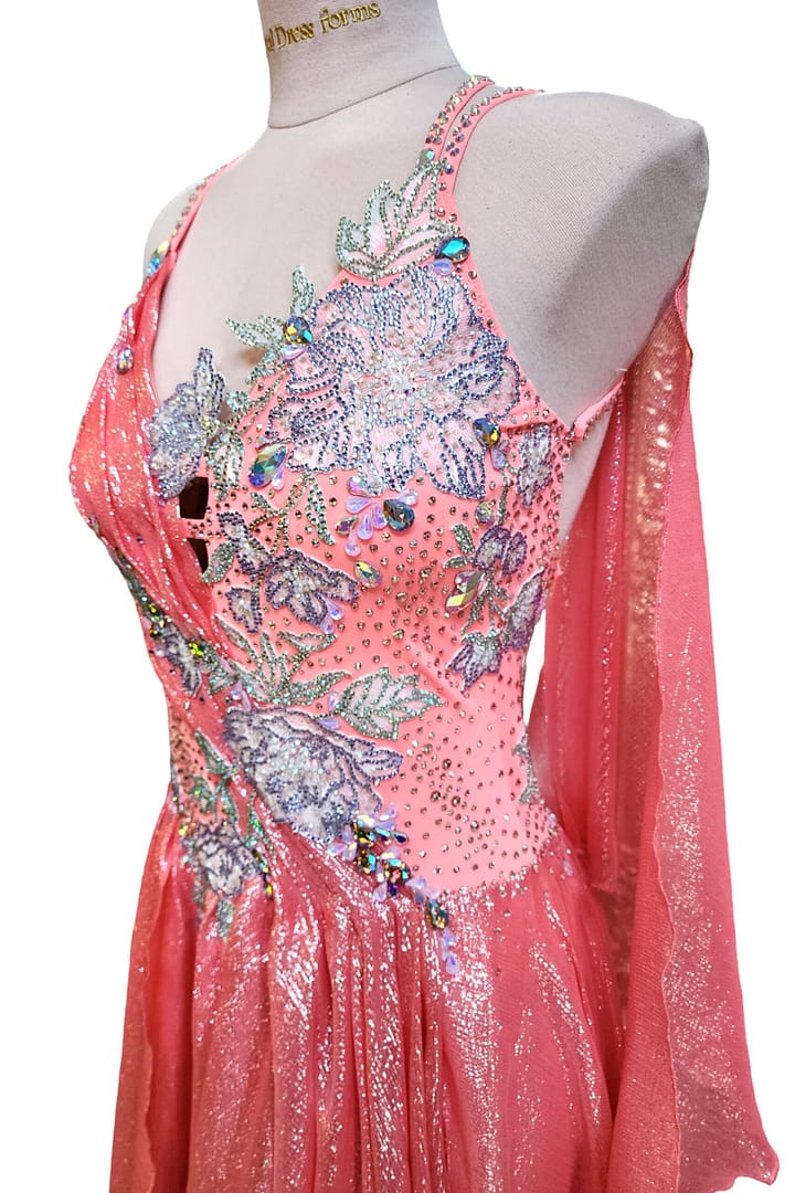 Ziva Ballroom Dress — bodice detail — hand-applied floral applique with multi-color crystals