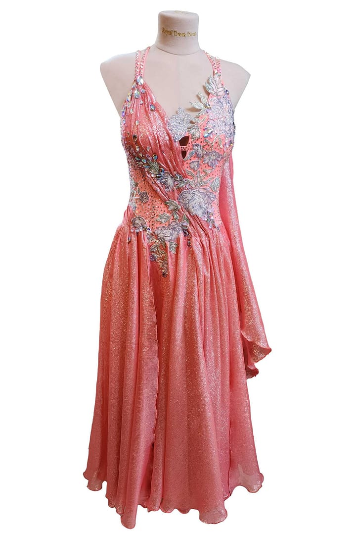 Ziva Ballroom Dress — front view — coral ballroom gown with floral applique and crystal embellishment
