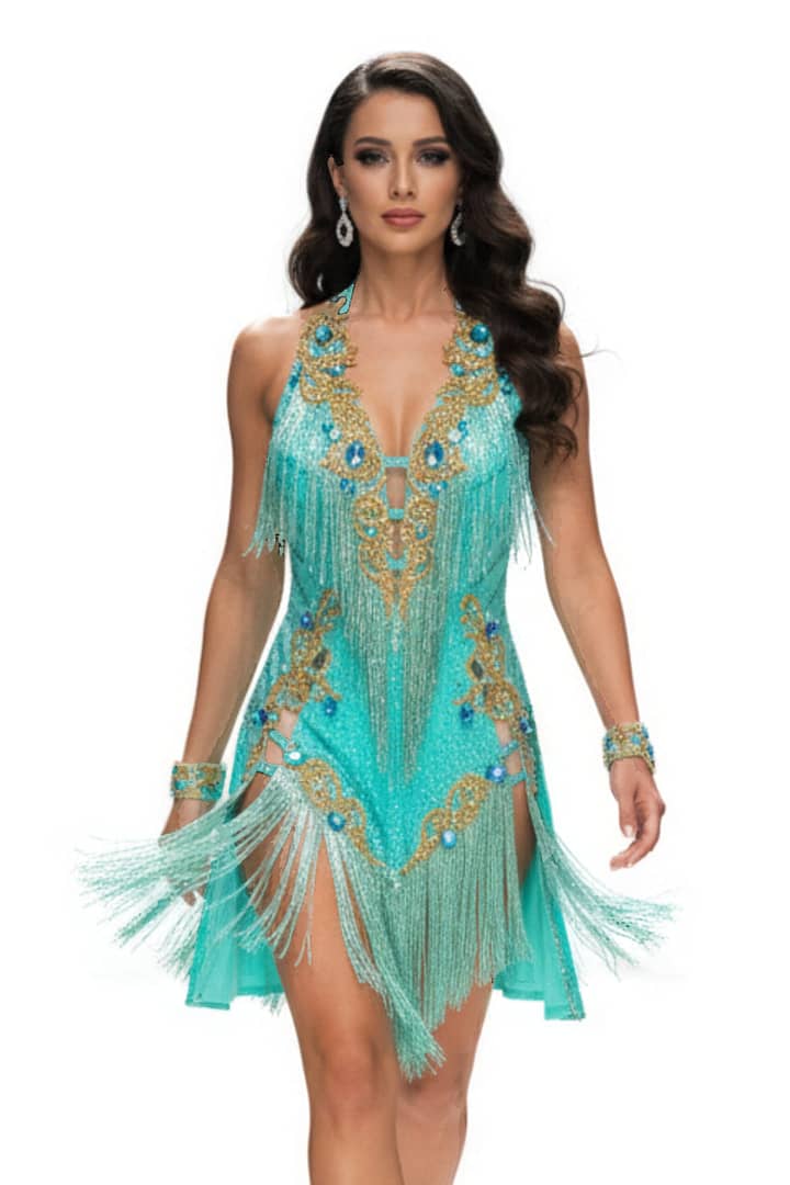 Ashcroft Latin dress - front view -Teal halter, gold lace applique, and heavy fringe detailing.