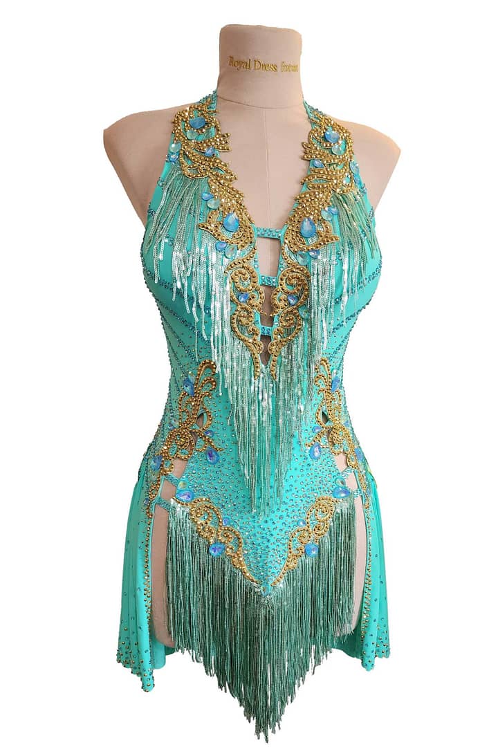 Ashcroft Latin dress - front view - Teal halter, gold lace applique, and heavy fringe detailing.