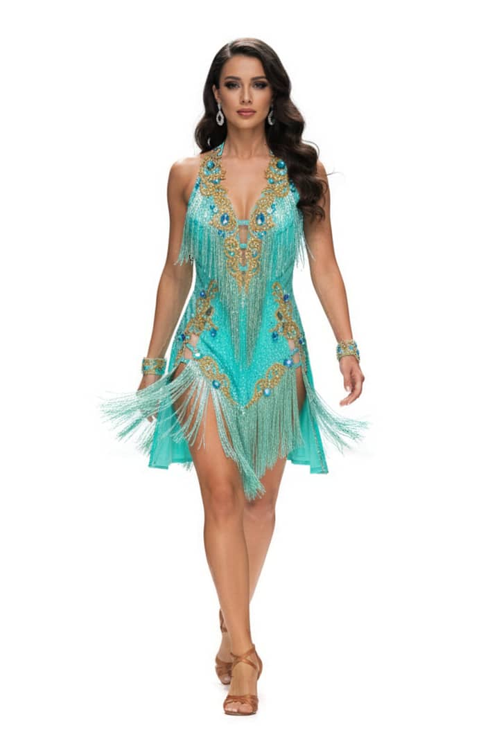 Ashcroft Latin Dress - front view whole body - Teal Latin dancewear halter dress. Features two-tone gold and silver fringe and heavy aquamarine crystal stoning.