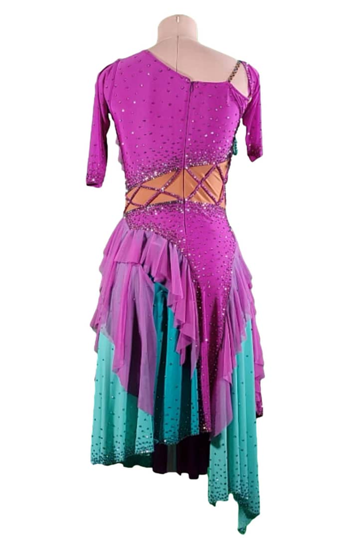 Bonel Latin Dress — back view — showing the ruffled skirt edges and open back design