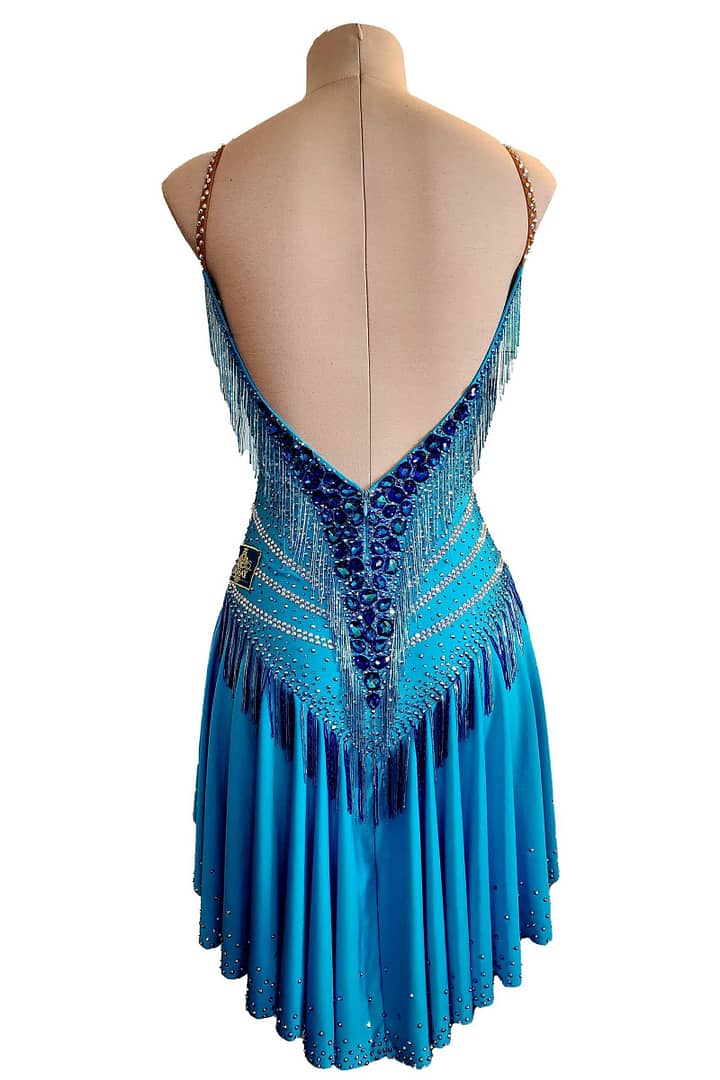 Carla Latin dress — back view — low scoop back, beaded fringe V-detail, and crystal shoulder straps.