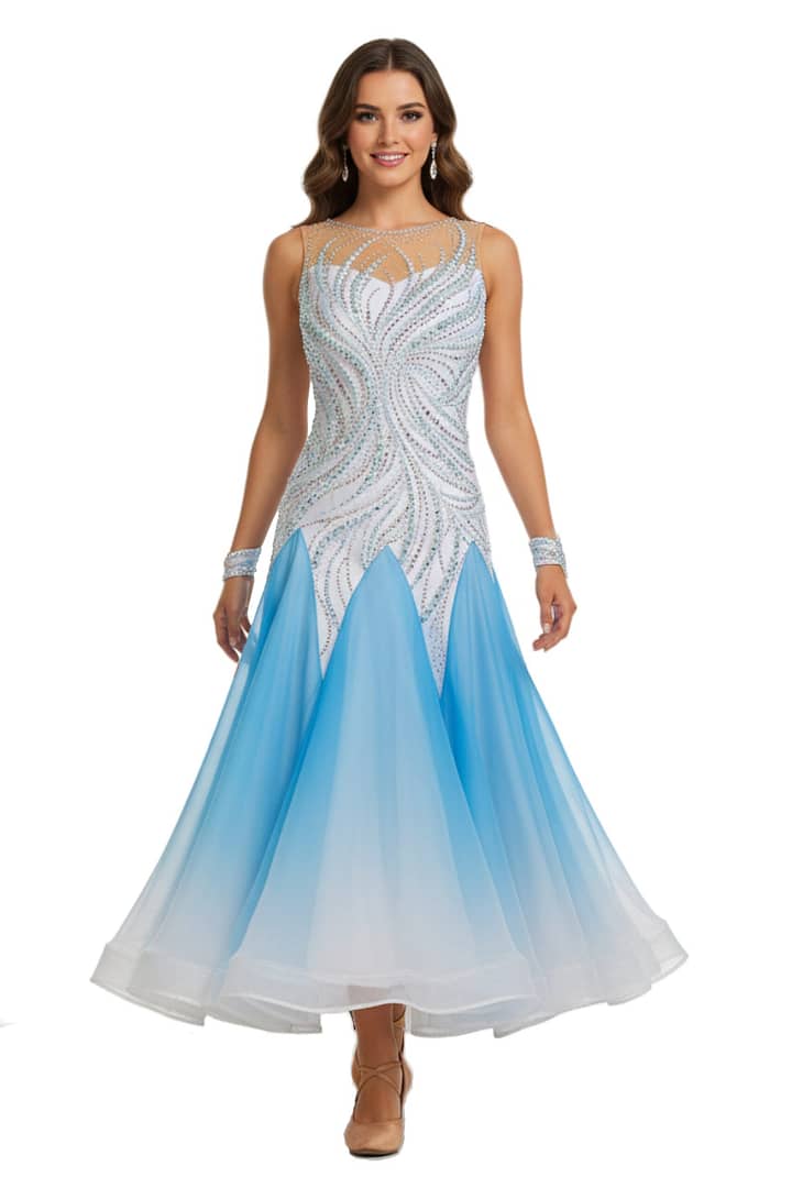 Cyra Ballroom dress. White bodice with swirling pearls and rhinestones. Blue ombre chiffon skirt.