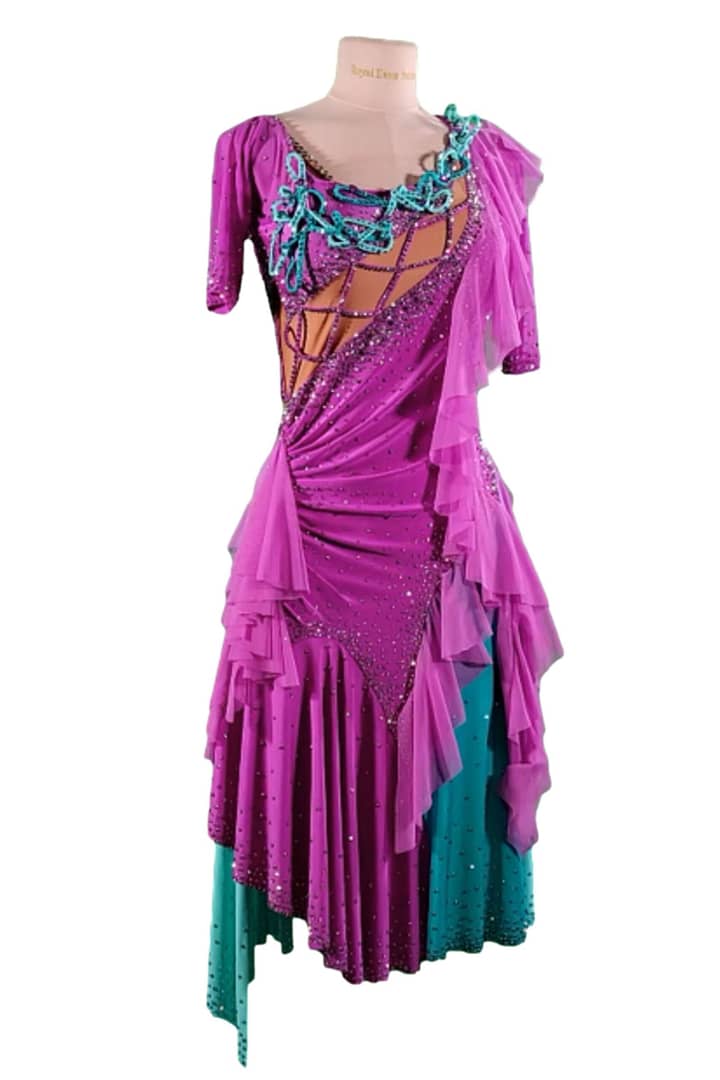Bonel Latin Dress — front view on mannequin — pleated teal and lavender dress with ruffled skirt panels