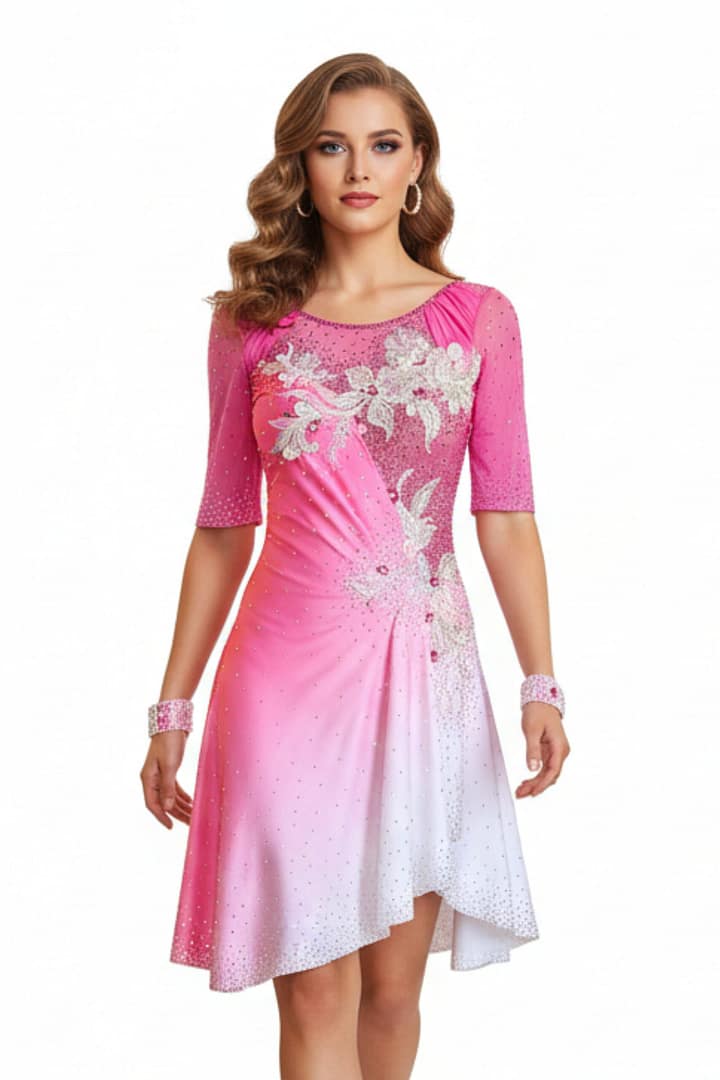 Gia Latin dress - front view - showcasing pink fabric with intricate silver floral appliqué and rhinestone embellishments.
