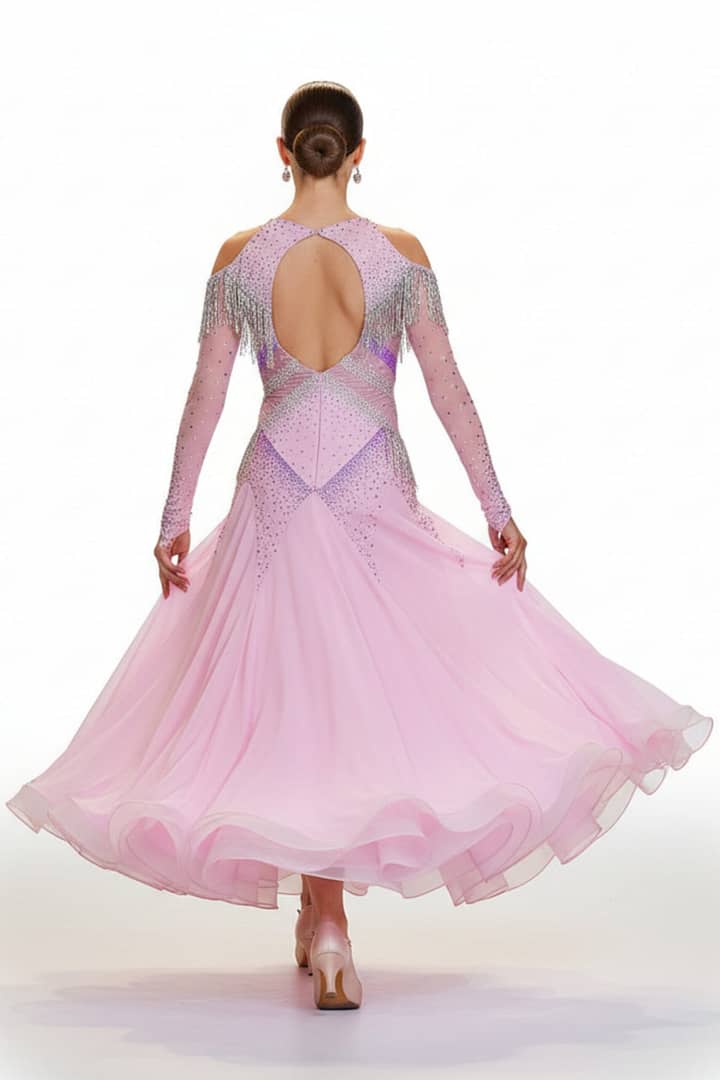 Labana ballroom gown — back view — flowing skirt with crystal embellishment