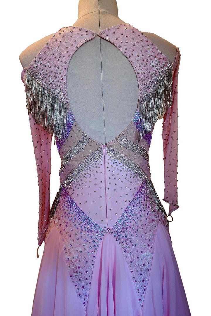 Labana ballroom gown — back closure detail — Discreet zipper closure running down the lower center back, beneath the keyhole opening, seamlessly integrated into the stoning design.