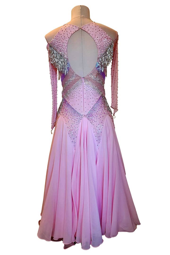 Labana ballroom gown — back view — in mannequin - open back with crystal fringe