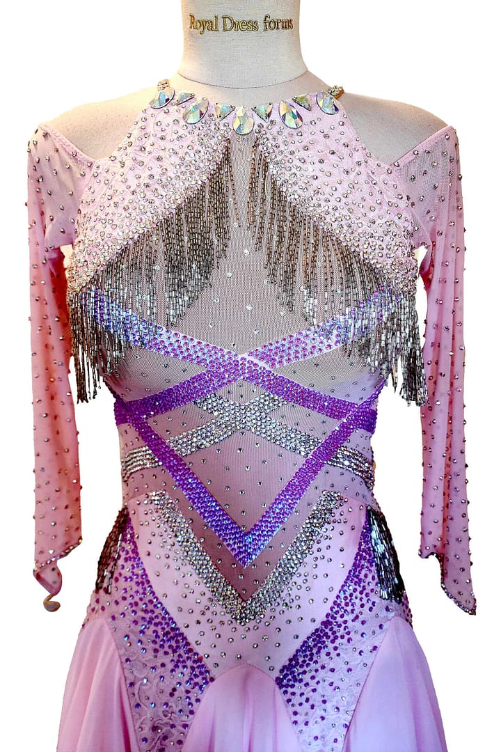 Labana ballroom gown — bodice detail — Criss-cross and chevron patterns of high-density, hand-applied crystals creating a striking, structured design over a sheer nude mesh base.