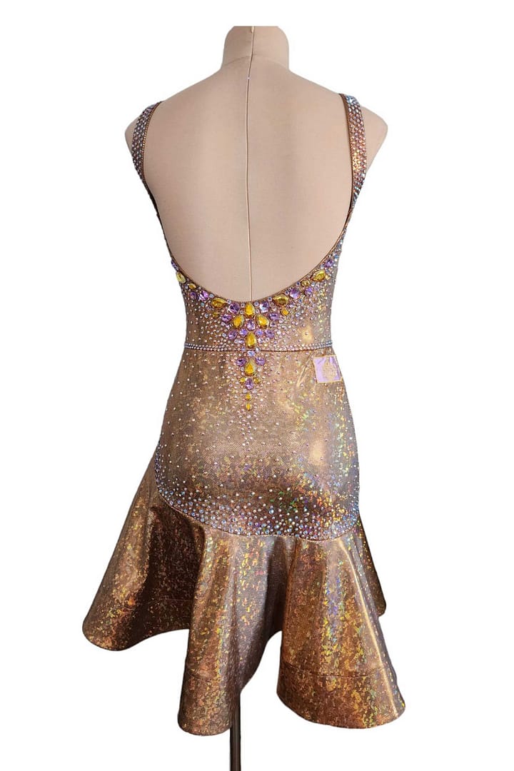 Lily Latin Dress — back view — low back scoop and cascading purple and yellow stonework