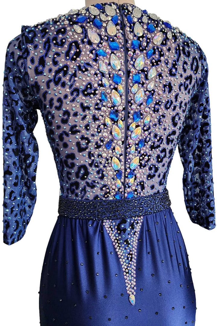 Pala Latin Dress — back closure detail — Discreet vertical zipper running down the center back, seamlessly integrated into the dense crystal stoning and the design of the high collar.