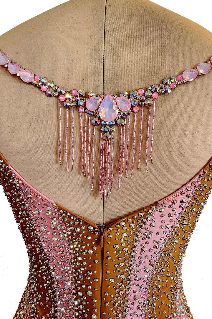 Seraphina dress back — blush pink mesh fabric with crystal embellishments and delicate open-back detailing.