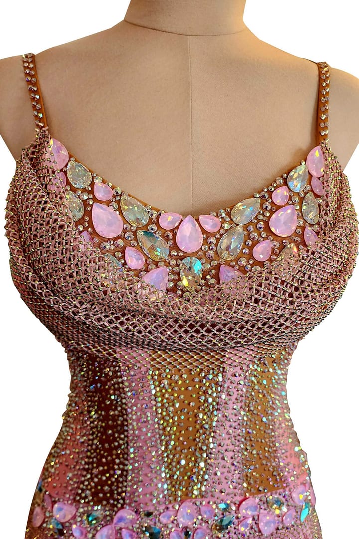 Seraphina Latin dress — bodice detail — draped cowl neckline with clustered pink and opal teardrop stones over nude mesh
