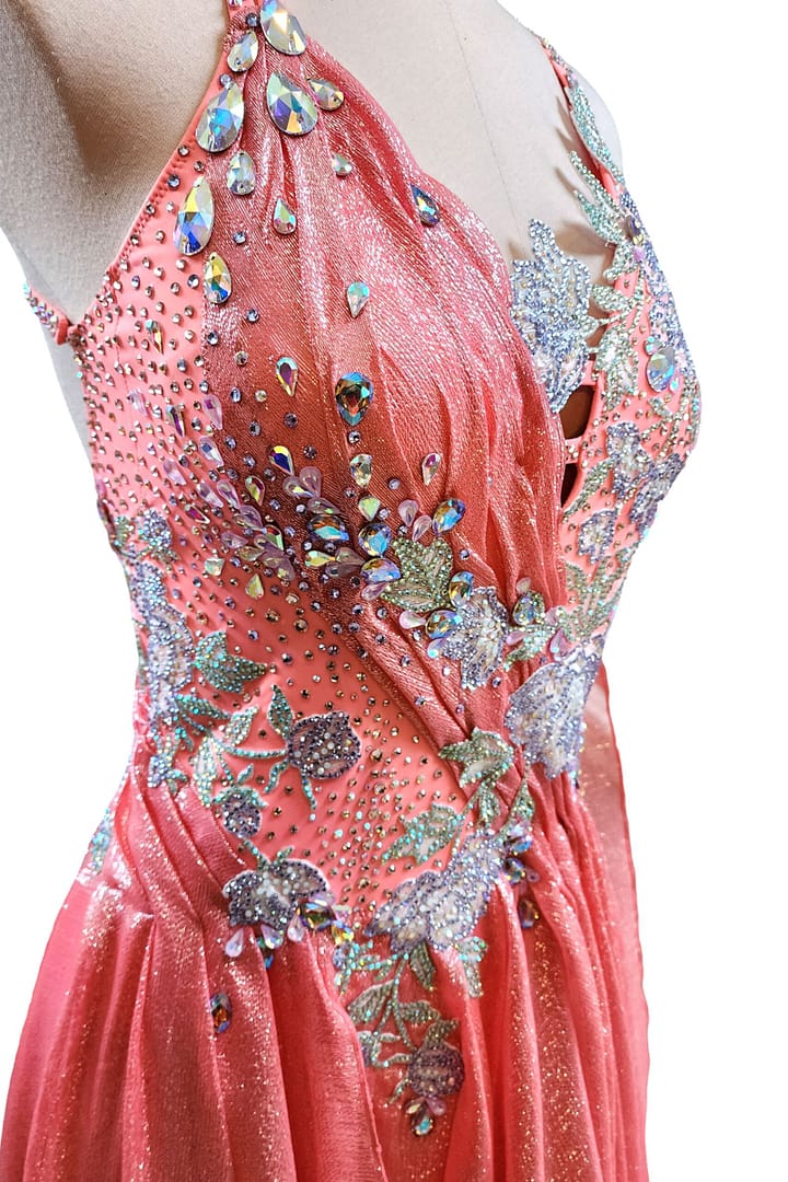 Ziva Ballroom Dress — stonework close-up — AB crystals, floral motifs, and layered rhinestone patterns
