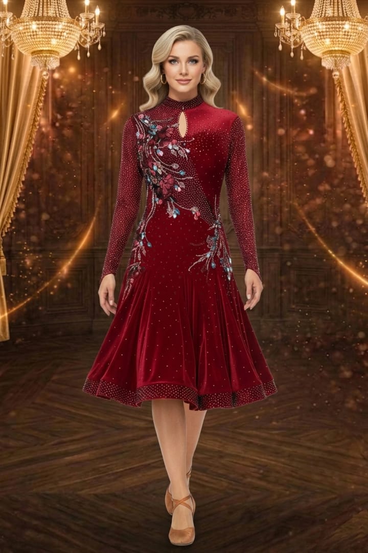Crimson Elegance Latin dress — front view — long sleeves, pleated velvet skirt, and diagonal red appliqué embellishment.