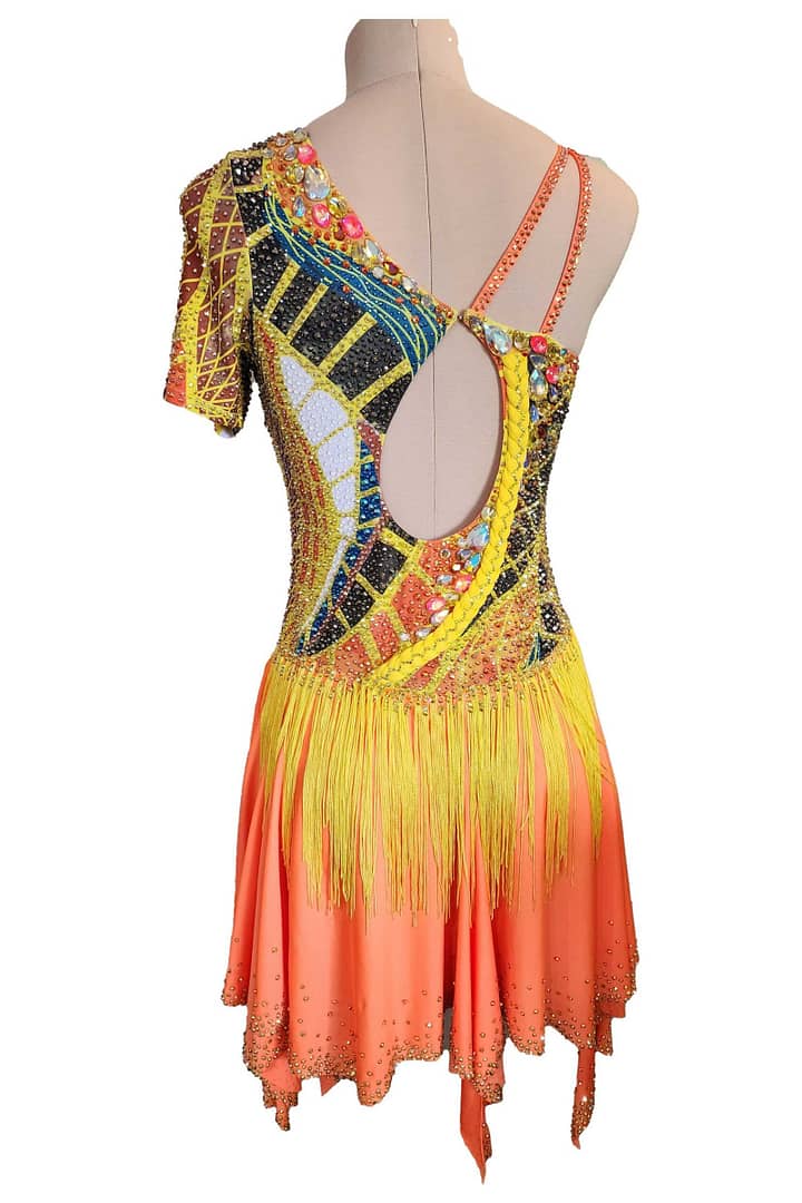 Sabrina Latin dress — back view — matching bead pattern with fringe detailing