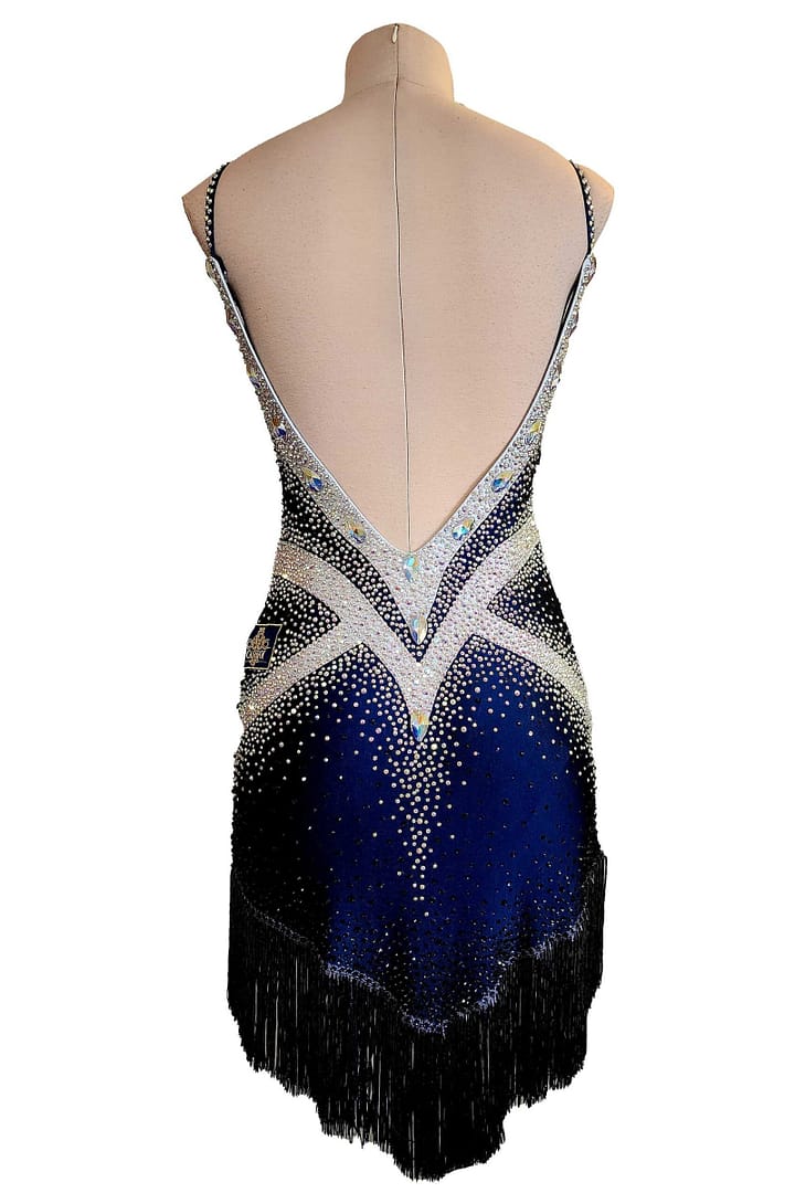 Arlan Latin dress — back view — low V-back navy Latin dress with crystal trim and a skirt of dense, black dangling fringe.