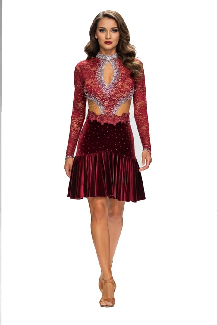 Bora Latin Dance Dress - front view - Long sleeve velvet and red lace gown with keyhole cutout.