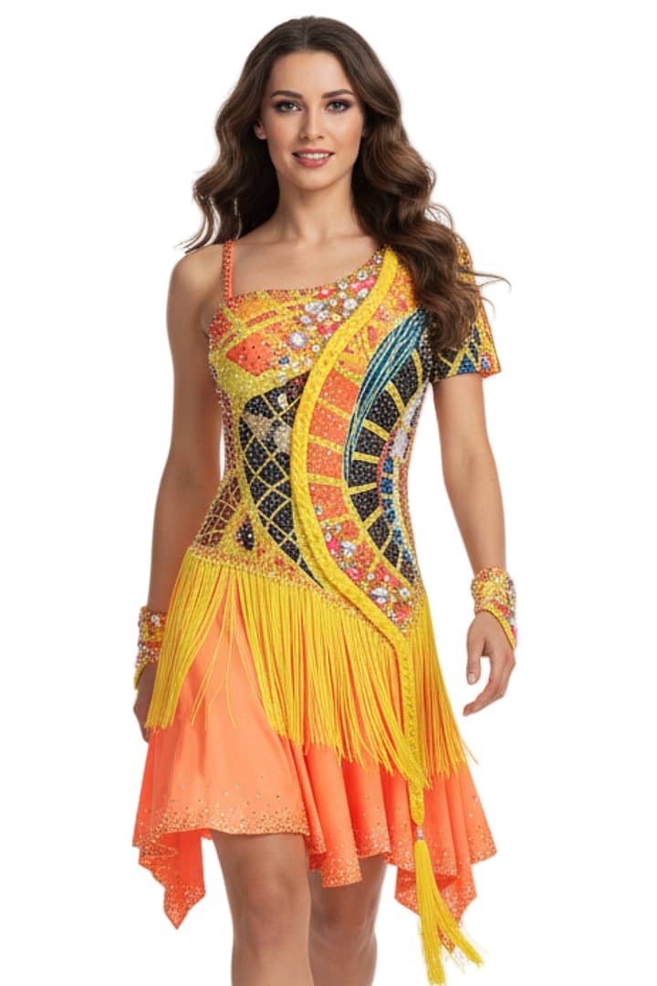 Sabrina Latin dress — front view — asymmetrical neckline with vibrant multicolor beadwork and yellow fringe