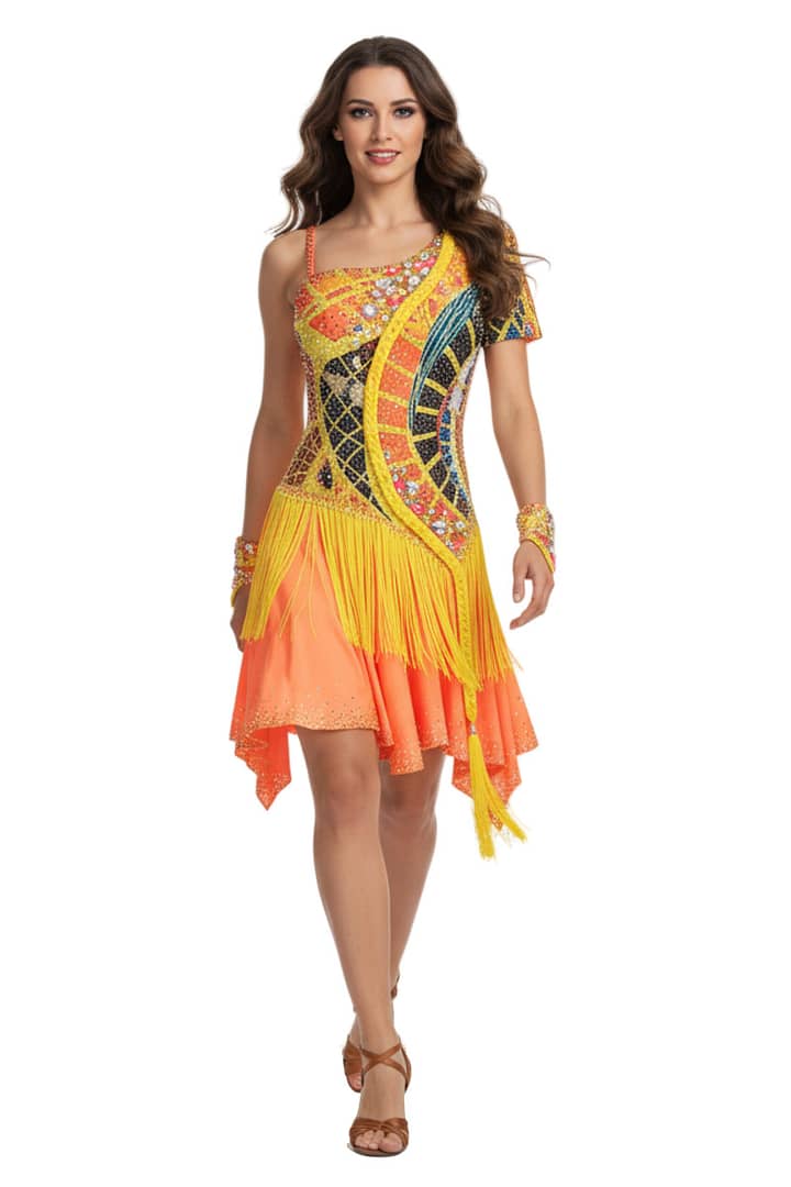 Sabrina Latin dress — front view — asymmetrical neckline with vibrant multicolor beadwork and yellow fringe