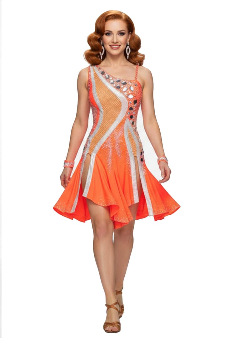 Sola Latin dress — front view — orange asymmetrical dress with silver and nude mesh panels and crystal detailing