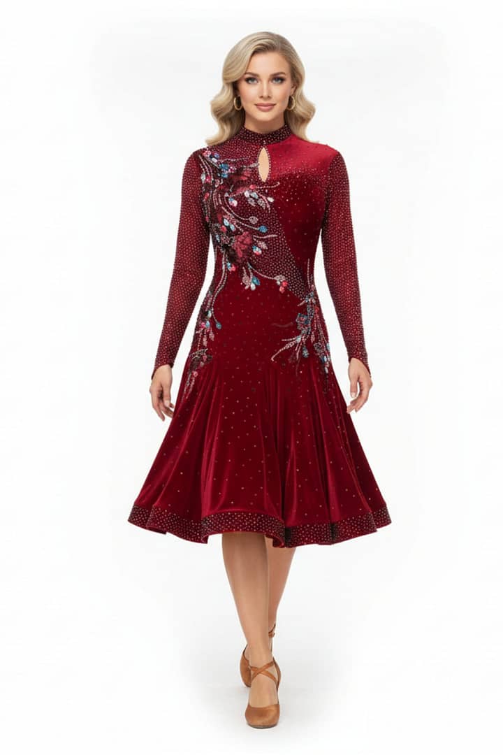 Talia Latin dress — front view whole body — long sleeves, pleated velvet skirt, and diagonal red appliqué embellishment.